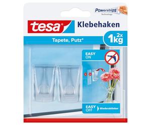 tesa Crochet Adhésif pour Verre et Surfaces Transparentes 1kg - Peut soutenir des Objets jusqu'à 1kg par Crochet - Paquet de 2 Crochets avec 4 Languettes Adhésives