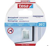TESA Double-face de fixation - Pour verre et surfaces transparentes - Charge supportée : 20 Kg / m - 5 m x 19 mm