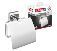 tesa EKKRO dérouleur papier toilette avec couvercle, l'élégant support à papier wc en métal chromé impressionne par son design arrondi classique et son montage simple, 53 mm x 140 mm x 128 mm