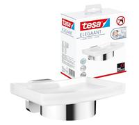 tesa ELEGAANT Porte Savon Salle de Bain, métal chromé, adhésif, Technologie sans percer, chromé-Blanc, 119mm x 79mm x 124mm