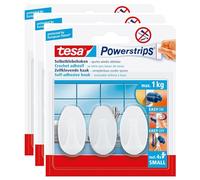tesa Lot de 3 crochets adhésifs Powerstrips - Taille S - Ovale - Blanc - 3 crochets / 4 bandes (3 pièces).