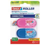 tesa Mini Roller de Correction EcoLogo - Pack de 2, 6 m x 5 mm, ergonomique multicolore - Bleu/Rose
