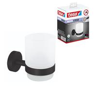 tesa® MOON BLACK Gobelet Porte Brosse à dents en verre satiné avec support, Noir mat - Salles de Bains Modernes et de Style Industriel - Sans Perçage - 96 mm x 70 mm x 109 mm