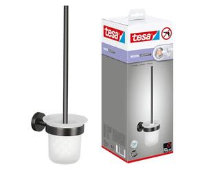 tesa Moon Ensemble WC Support et Brosse WC, Verre Satiné en Graphite Brossé - Autocollant, Revêtement en Métal PVD - sans Perçage avec Solution Adhésive - 379 mm x 112 mm x 145 mm