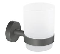 tesa® Moon Grey Gobelet Porte Brosse à Dents en Verre satiné avec Support, Gris Mat - Salles de Bains Modernes et de Style Industriel - sans Perçage - 96 mm x 70 mm x 109 mm