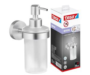 tesa Moon Kit Distributeur de Savon - 200 ML - 70 mm x 109 mm x 156 mm | Distributeur de savon liquide à fixer au mur sans perçage - Verre satiné - Aspect inox - Solution adhésive incluse