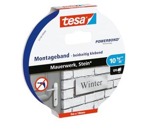 tesa Powerbond Adhésif Double Face de Fixation Pour Brique et Pierre 10 kg/Mètre* - Ruban Adhésif de Fixation Murale pour Intérieur et Extérieur - 5 m x 19 mm