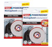 tesa Powerbond Ultra Strong Ruban Adhésif de Montage Double Face Extra Fort - Adhésif Puissant pour la Fixation D'Objets Sans Percer - Lot de 2-1,5 m x 19 mm