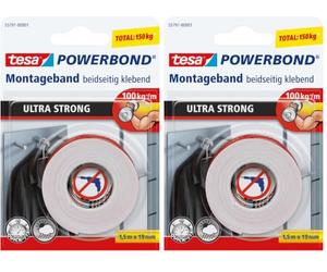 Tesa Powerbond ULTRA STRONG - Ruban de montage double face extra fort pour fixation permanente à l'extérieur et à l'intérieur - 1,5 m (Lot de 2)