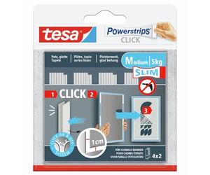 Tesa Powerstrips CLICK - Coussinets adhésifs pour fixer et enlever les cadres et les décorations murales sans perçage - Bandes adhésives avec système ON et OFF Click - Slim - 4 x 2 pièces