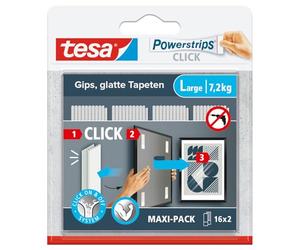 tesa Powerstrips CLICK Large - 16 x 2 pièces | Pastilles adhésives auto-agrippantes - Fixer et retirer de la déco aux murs - Sans perçage - Système « ON » et « OFF » Click