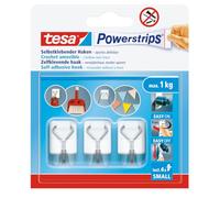tesa Powerstrips Crochet Adhésif Mural Small - Crochets Autocollants avec Fil Amovible - Crochets Muraux pour Salle de Bain ou Cuisine - Montage sans Perçage - Blanc - 3 x Crochets, 4 x Powerstrips