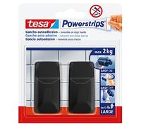 tesa Powerstrips Lot de 2 crochets autocollants pour mur, grands et rectangulaires, pour carrelage, verre, plastique et autres surfaces, force de serrage de 2 kg, noir