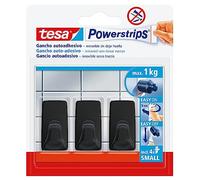 tesa Powerstrips Lot de 3 crochets autocollants pour mur, petits et rectangulaires, pour carrelage, verre, plastique et autres surfaces, 1 kg de force de serrage Noir