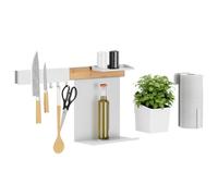 tesa Rangement de Cuisine Combiné L - Barre de Crédence Autocollante, Pot à Herbes, 2 Étagères, Porte-couteaux et Porte-rouleau, Barre à Crochets incl. 3 Crochets - Montage sans Perçage - Bambou/Blanc