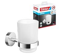 tesa SMOOZ Gobelet à Brosse à Dents avec Support - 79 mm x 113 mm x 124 mm | Porte-brosses à dents à fixer au mur sans perçage - Verre satiné et métal chromé - Solution adhésive incluse