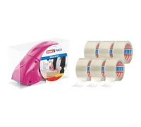 tesa tesapack Dérouleur Pack' n' Go - Dérouleur manuel rose pour rubans de paquets - Inclut 50 m x 48 mm de ruban adhésif + tesapack 64014 en pack de 6 - Ruban adhésif pour paquets transparent