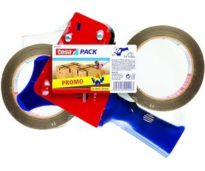 tesafilm Lot de 2 rubans d'emballage 66m x 50mm + Dérouleur | Dévidoir pour ruban adhésif d'emballage + 2 rouleaux de ruban adhésif d'emballage marron, 66 m x 50 mm