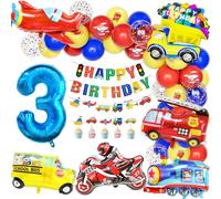 Teselife Ballons Decoration Anniversaire 3 An Garcon Transport Thème, Enfant Ballon Nombre 3 Ballon Aluminium Véhicules Voitures Autobus Scolaire Train Moto Joyeux Anniversaire Bannière Carte Gâteau