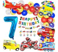 Teselife Ballons Decoration Anniversaire 7 An Garcon Transport Thème, Enfant Ballon Nombre 7 Ballon Aluminium Véhicules Voitures Autobus Scolaire Train Moto Joyeux Anniversaire Bannière Carte Gâteau