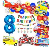 Teselife Ballons Decoration Anniversaire 8 An Garcon Transport Thème, Enfant Ballon Nombre 8 Ballon Aluminium Véhicules Voitures Autobus Scolaire Train Moto Joyeux Anniversaire Bannière Carte Gâteau