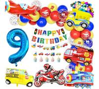 Teselife Ballons Decoration Anniversaire 9 An Garcon Transport Thème, Enfant Ballon Nombre 9 Ballon Aluminium Véhicules Voitures Autobus Scolaire Train Moto Joyeux Anniversaire Bannière Carte Gâteau