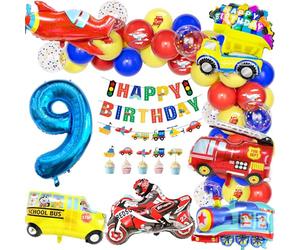 Teselife Ballons Decoration Anniversaire 9 An Garcon Transport Thème, Enfant Ballon Nombre 9 Ballon Aluminium Véhicules Voitures Autobus Scolaire Train Moto Joyeux Anniversaire Bannière Carte Gâteau