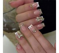 TESGADGETS 24 morceaux de strass dorés à presser, ongles d'art carré français court, diamants 3D avec nœud doré couvrant complètement pour femmes et filles