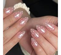 TESGADGETS 24 pièces de faux ongles roses avec points blancs Faux ongles courts en amande rose délicat brillant Réutilisables avec bandes adhésives Application simple