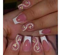 TESGADGETS 24 pièces Ongles à presser Cœur d'amour Ongles d'art taille moyenne forme cercueil designs artificiels bandes dorées morceaux d'acrylique scintillants couverture complète