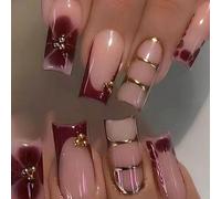 TESGADGETS 24 pièces presse française sur pièces formes de cercueil mi-longs pointe française bordeaux avec design fleur perles dorées tourbillon acrylique couverture totale faux ongles adhésifs