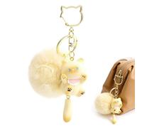 TESGADGETS Porte-clés Kawaii chat avec pompon moelleux, adorable accessoire pour filles et femmes, Cadeaux d'anniversaire et décorations pour sacs à dos, Chat beige