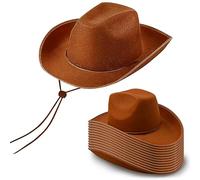 TESIN Lot de 12 chapeaux de cowboy occidentaux avec cordon de serrage réglable, chapeau de cowgirl uni pour mariage, spectacle, marron