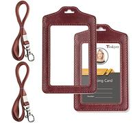 Teskyer 2 Pièces Double Face Transparent Porte Badge, Porte Badge Tour de Cou, avec Lanière en Nylon, pour le travail, Affaires, Bus, Pass, Brun