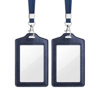 Teskyer 2 Pièces Porte Badge Tour de Cou - Double Face Transparent, Simili Cuir, 2 Emplacements pour Cartes, Vertical, pour le travail, Affaires, Bus, Pass, Bleu