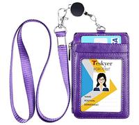 Teskyer porte badge avec cordon rétractable, 4 emplacements pour cartes, carte d'identité en cuir synthétique de qualité supérieure avec poche à fermeture éclair