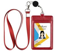 Teskyer Porte Badge Avec Cordon Rétractable, Tour de Cou en Cuir PU, 2 Emplacements pour Cartes, pour Le Travail, L'école, Rouge