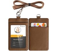 Teskyer Porte Badge, Porte Badge Tour de Cou, 2 Emplacements pour Cartes, en Cuir PU, avec Effacer la Fenêtre Longe en Nylon, Brun