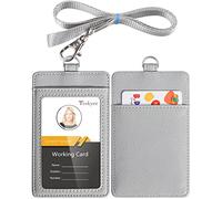 Teskyer Porte Badge, Porte Badge Tour de Cou, 2 Emplacements pour Cartes, en Cuir PU, avec Effacer la Fenêtre Longe en Nylon, Clair Gris