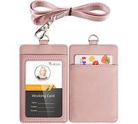 Teskyer Porte Badge, Porte Badge Tour de Cou, 2 Emplacements pour Cartes, en Cuir PU, avec Effacer la Fenêtre Longe en Nylon, Or Rose