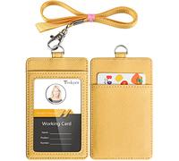 Teskyer Porte Badge, Porte Badge Tour de Cou, 2 Emplacements pour Cartes, en Cuir PU, avec Effacer la Fenêtre Longe en Nylon, Jaune