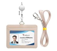 Teskyer Porte Badge tour de Cou - avec Cordon Rétractable, Cuir PU, 2 Emplacements pour Cartes, Horizontal, Beige