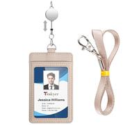 Teskyer Porte Badge tour de Cou - avec Cordon Rétractable, Cuir PU, 2 Emplacements pour Cartes, Vertical, Beige