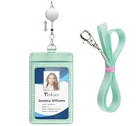 Teskyer Porte Badge tour de Cou - avec Cordon Rétractable, Cuir PU, 2 Emplacements pour Cartes, Vertical, Vert Aqua