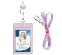 Teskyer Porte Badge tour de Cou - avec Cordon Rétractable, Cuir PU, 2 Emplacements pour Cartes, Vertical, Violet Clair
