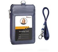 Teskyer Porte Badge Tour de Cou en Cuir PU avec Poche Zippée, Lanière en Nylon, 1 Fenêtre d'Identification Transparente et 3 Emplacements, Bleu