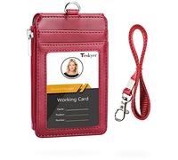 Teskyer Porte Badge Tour de Cou en Cuir PU avec Poche Zippée, Lanière en Nylon, 1 Fenêtre d'Identification Transparente et 3 Emplacements, Rouge