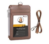 Teskyer Porte Badge Tour de Cou, Portefeuilles de Carte de Crédit Minces, Porte Carte avec Poche à Glissière, 1 Fenêtre d’Identification, Peut Contenir Jusqu’à 4 Cartes, Cuir PU, Brun