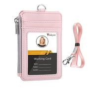 Teskyer Porte Badge tour de Cou, Portefeuilles de Carte de Crédit Minces, Porte Carte avec Poche à Glissière, 1 Fenêtre d’Identification, peut Contenir Jusqu’à 4 Cartes, Cuir PU, Pâle Rose
