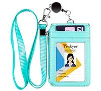 Teskyer porte et badge avec Cordon Rétractable, Porte-Badge Tour de Cou en Cuir PU, 4 Emplacements pour Cartes, Poche Zippée, pour Le Travail et L’école, Vert